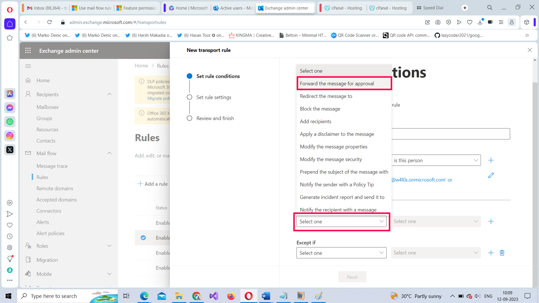 This screenshot shows how you can set the actions for the Microsoft 365 mail flow rule in the Microsoft 365 Exchange admin center. Forward the message for approval is highlighted.