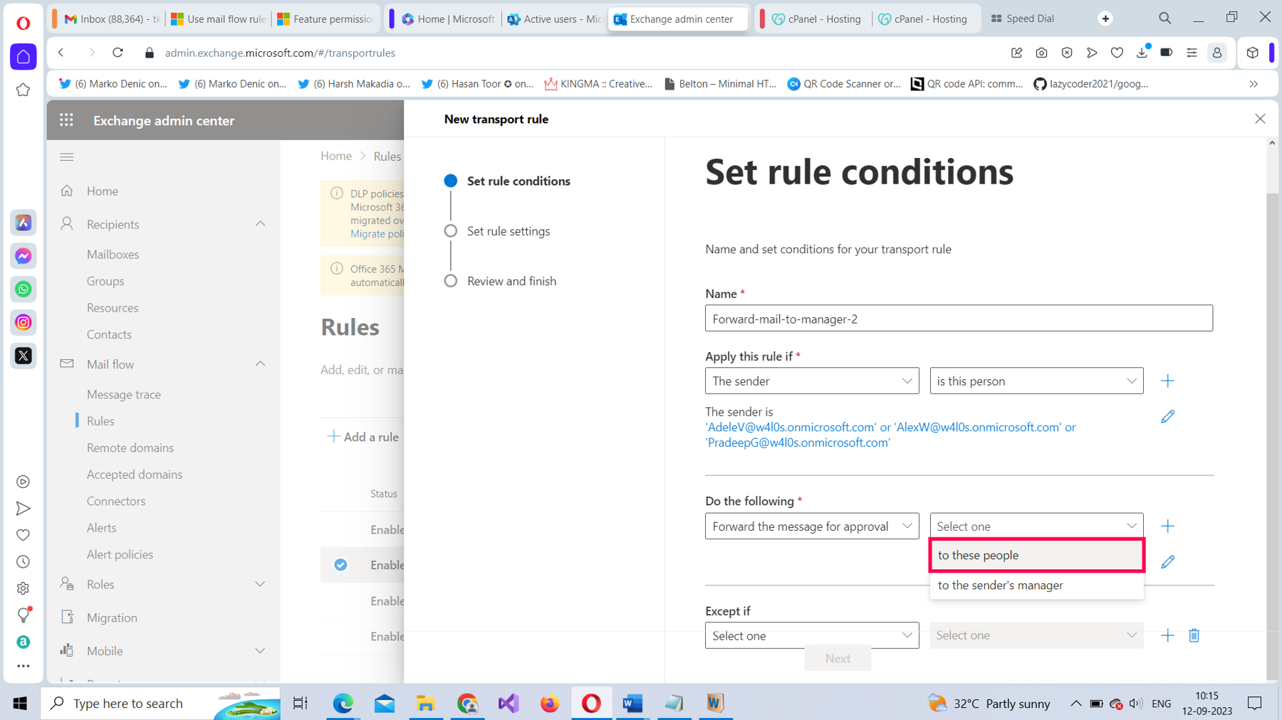 This screenshot shows how you can set the actions for the Microsoft 365 mail flow rule in the Microsoft 365 Exchange admin center. The action highlighted is Forward the message for approval to these people. 