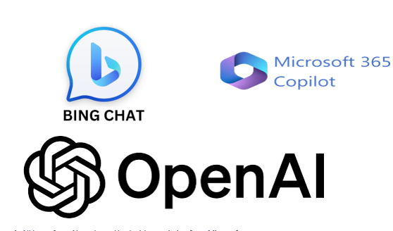 Logos of Microsoft AI products. Included are Bing Chat, Microsoft 365 Copilot, and OpenAI