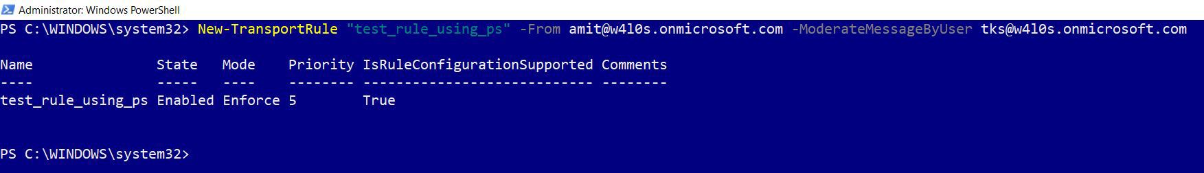 This screenshot shows how you can configure the Microsoft 365 mail flow rule using Windows PowerShell.