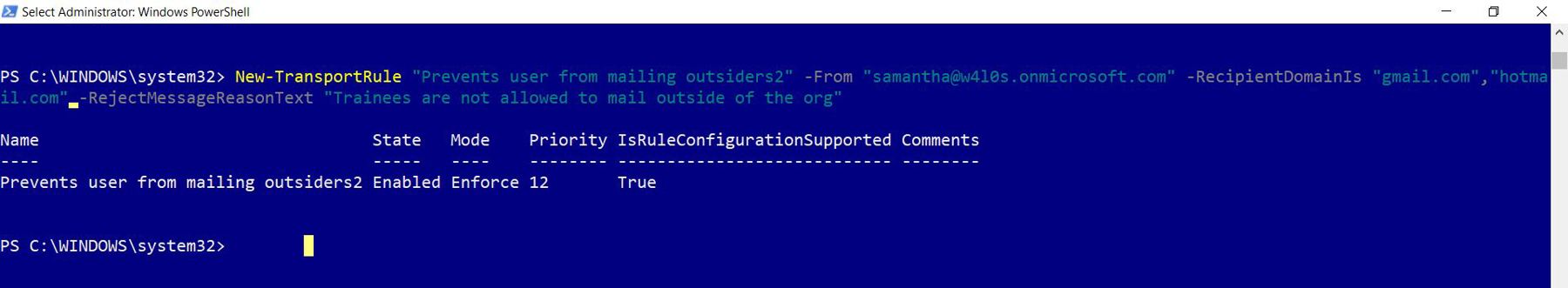 This screenshot shows how you can configure a mail flow rule using Windows PowerShell. I