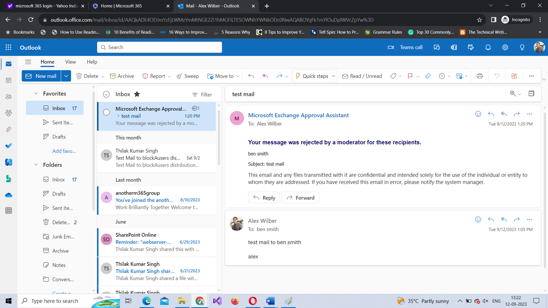 This screenshot shows how you can test the configured Microsoft 365 mail flow rule using the Outlook web app (OWA). It shows a notification that says Your message was rejected by a moderator for these recipients.