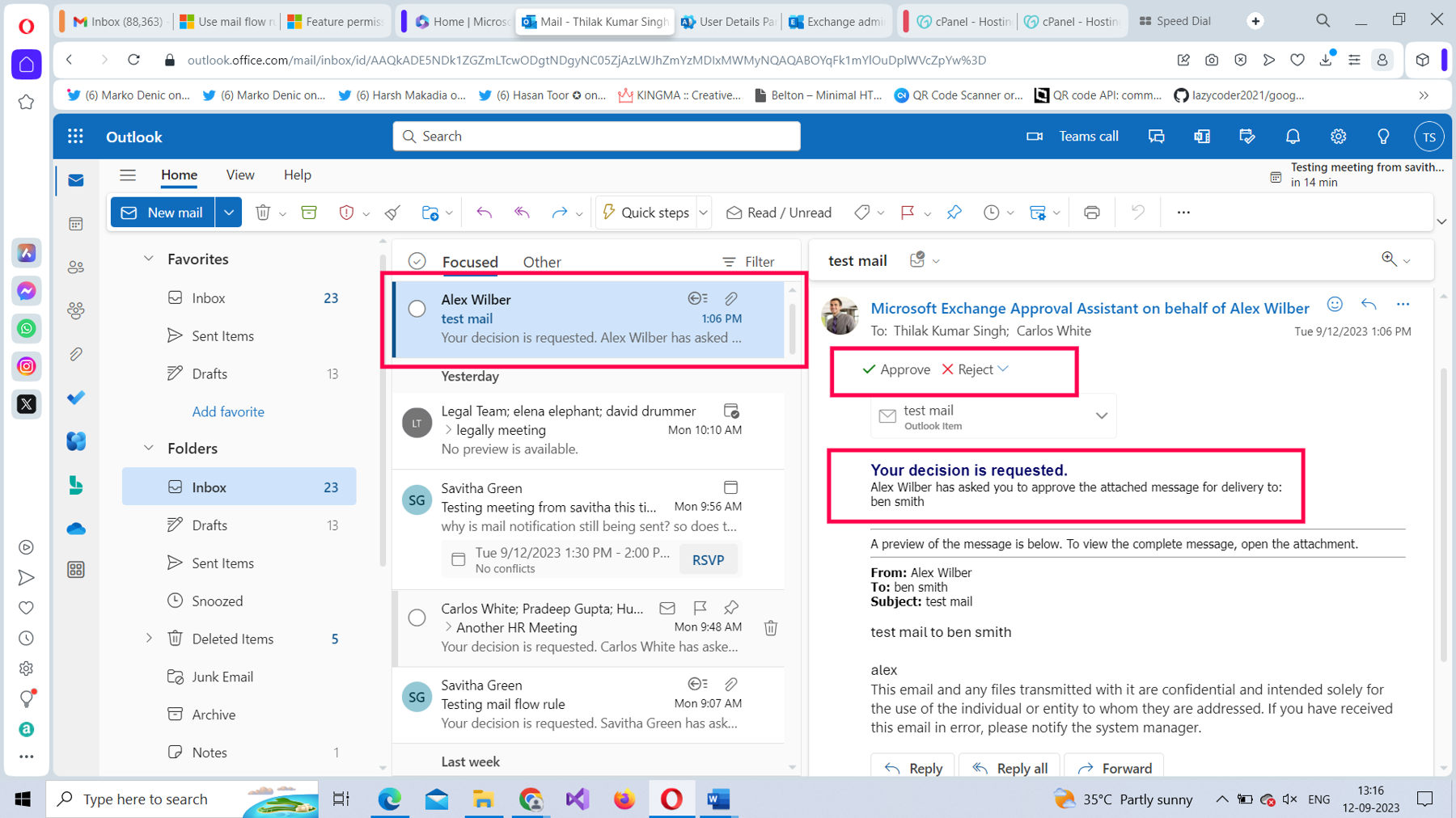 This screenshot shows how you can test the configured Microsoft 365 mail flow rule using the Outlook web app (OWA). It shows the mail that has just been sent and a request to approve the attached message for delivery.