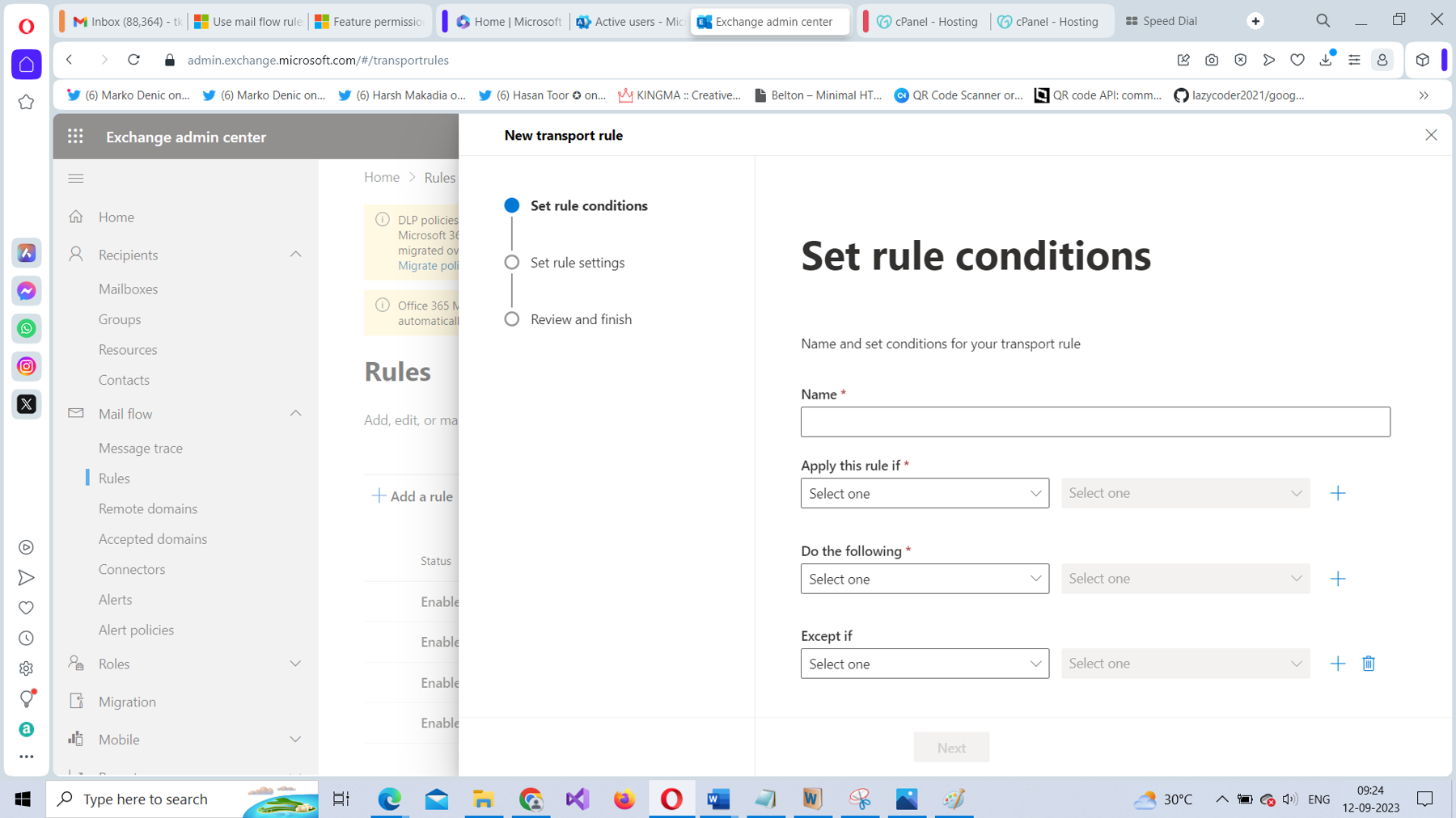 This screenshot shows how you can set the conditions for the Microsoft 365 mail flow rule in the Microsoft 365 Exchange admin center.