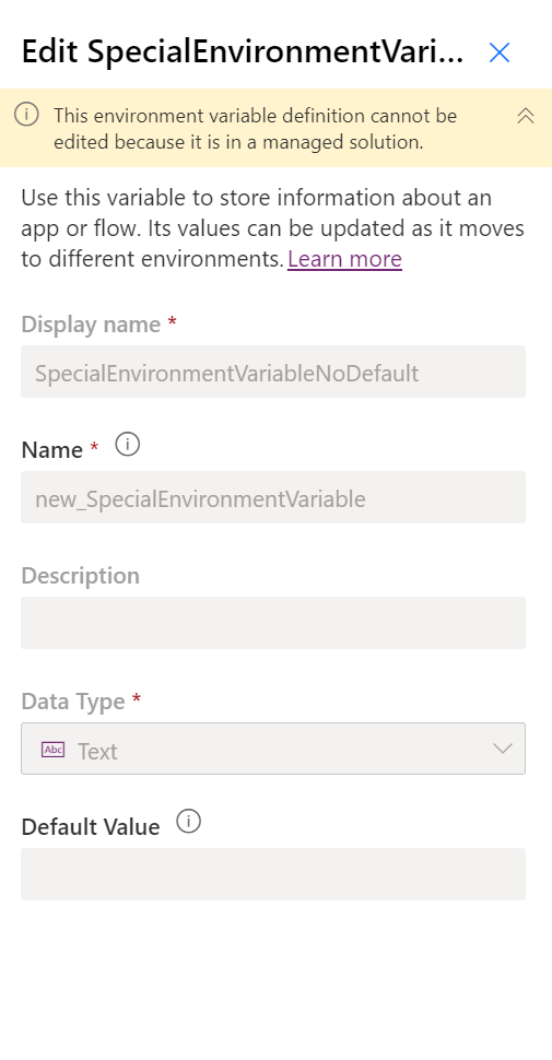 A view of the NoDefault environment variable in the managed solution in the Test environment. The default value is blank and greyed out and there’s no current value option.