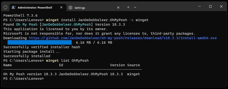 The command “winget install JanDeDobbeleer.OhMyPosh -s winget” installs the program.