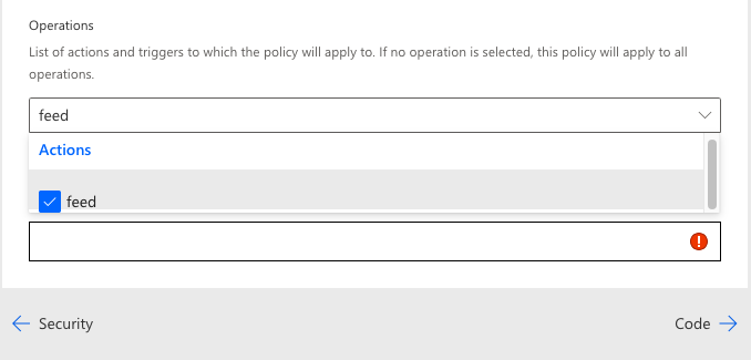 A screen capture of the Definition step in the connector creation wizard showing an action selection for a policy.