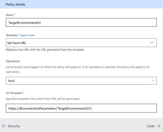 A screen capture from the connector creation wizard showing the policy details configuration section.