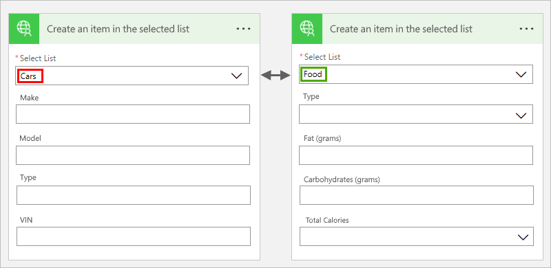 A screenshot of the Power Automate flow designer showing a connector whose inputs change based on selections in a drop-down box.