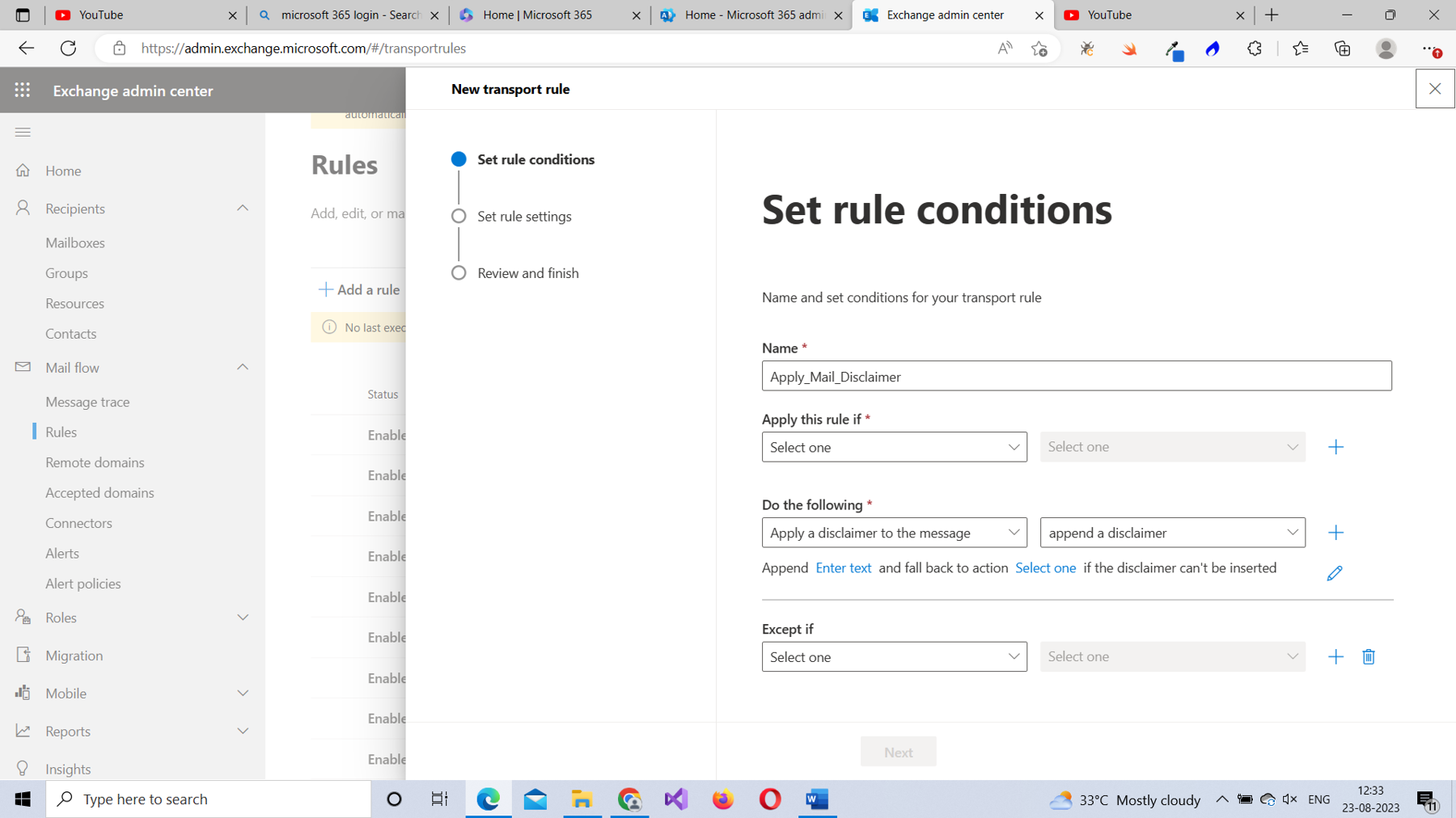 This screenshot shows the predefined action set for the mail rule you are about to configure. It includes fields for setting rule conditions.