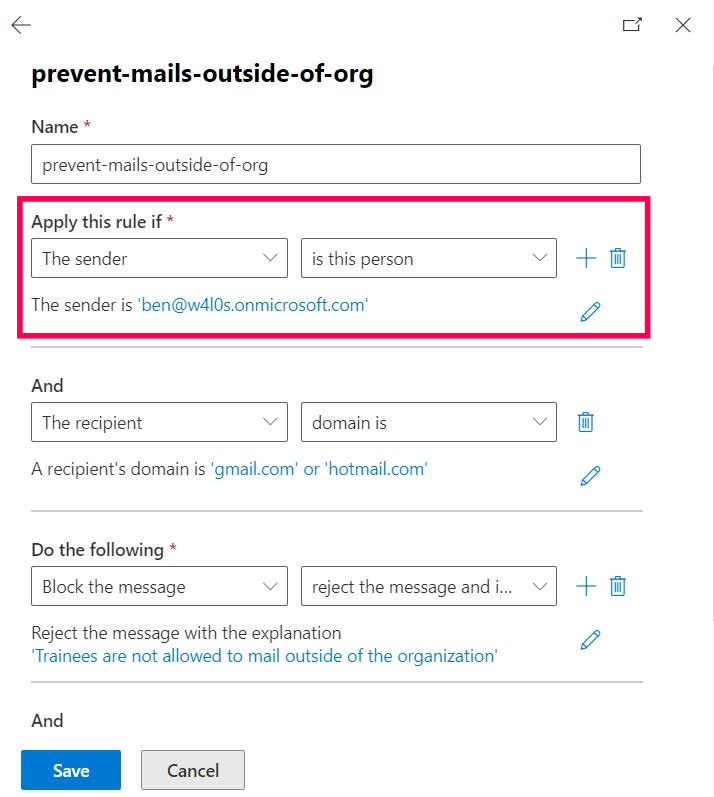 This screenshot shows how you can configure a Microsoft 365 mail flow rule that prevents users from sending mails outside of the organization. Apply this rule if the sender is this person is highlighted.