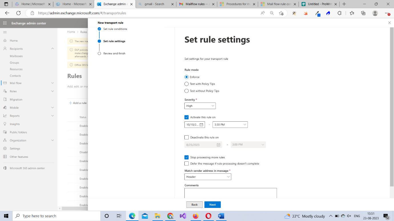 This screenshot shows how you can configure the settings for the Microsoft 365 mail flow rule in the Microsoft 365 Exchange admin center. It shows the Set rule settings pane, and rule mode set to Enforce, high severity, and the Stop processing more rules checkbox enabled..      