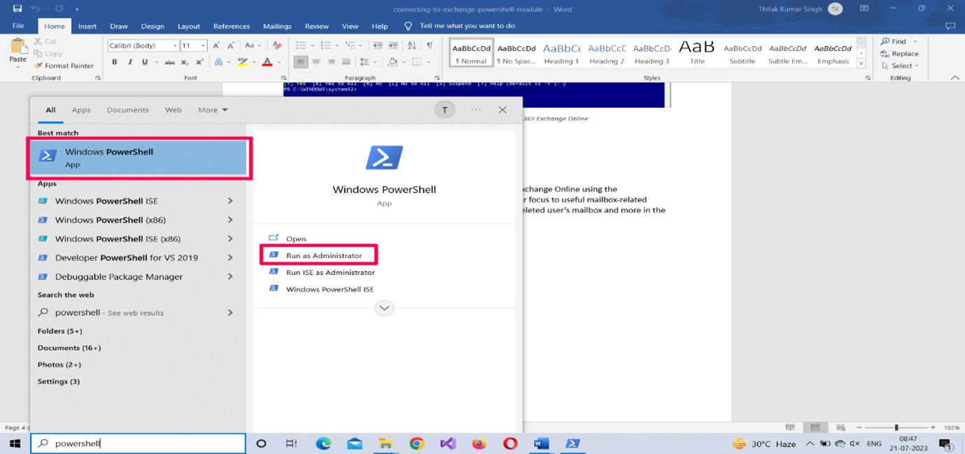 This screenshot shows how you can run your Windows PowerShell in Administrator mode.