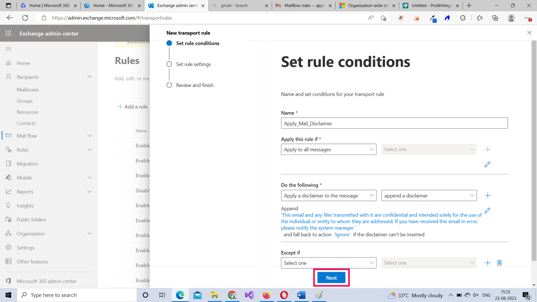 This screenshot shows how you can move to the rule settings pane by clicking the Next button.