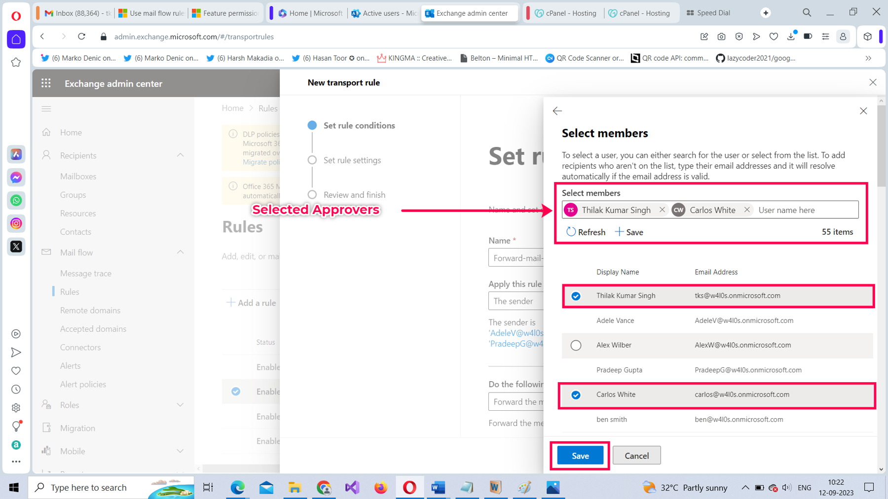 This screenshot shows how you can set the actions for the Microsoft 365 mail flow rule in the Microsoft 365 Exchange admin center. To select approvers, search for the user, select from the list, or enter their email address. Two names are selected as the display name, and Save is highlighted.