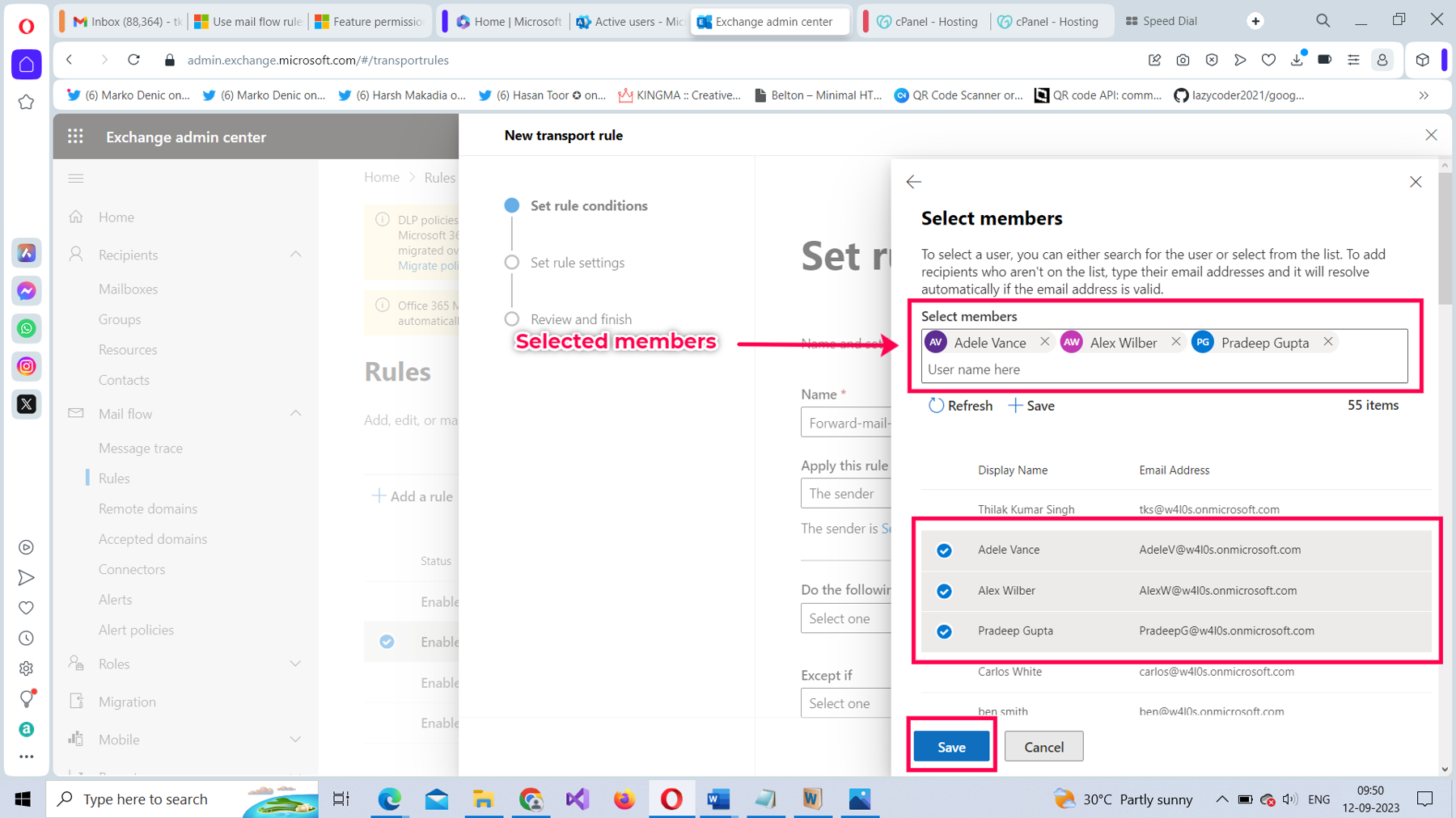 This screenshot shows how you can set the conditions for the Microsoft 365 mail flow rule in the Microsoft 365 Exchange admin center by searching or selecting a user from the list, adding a user, and then saving it.