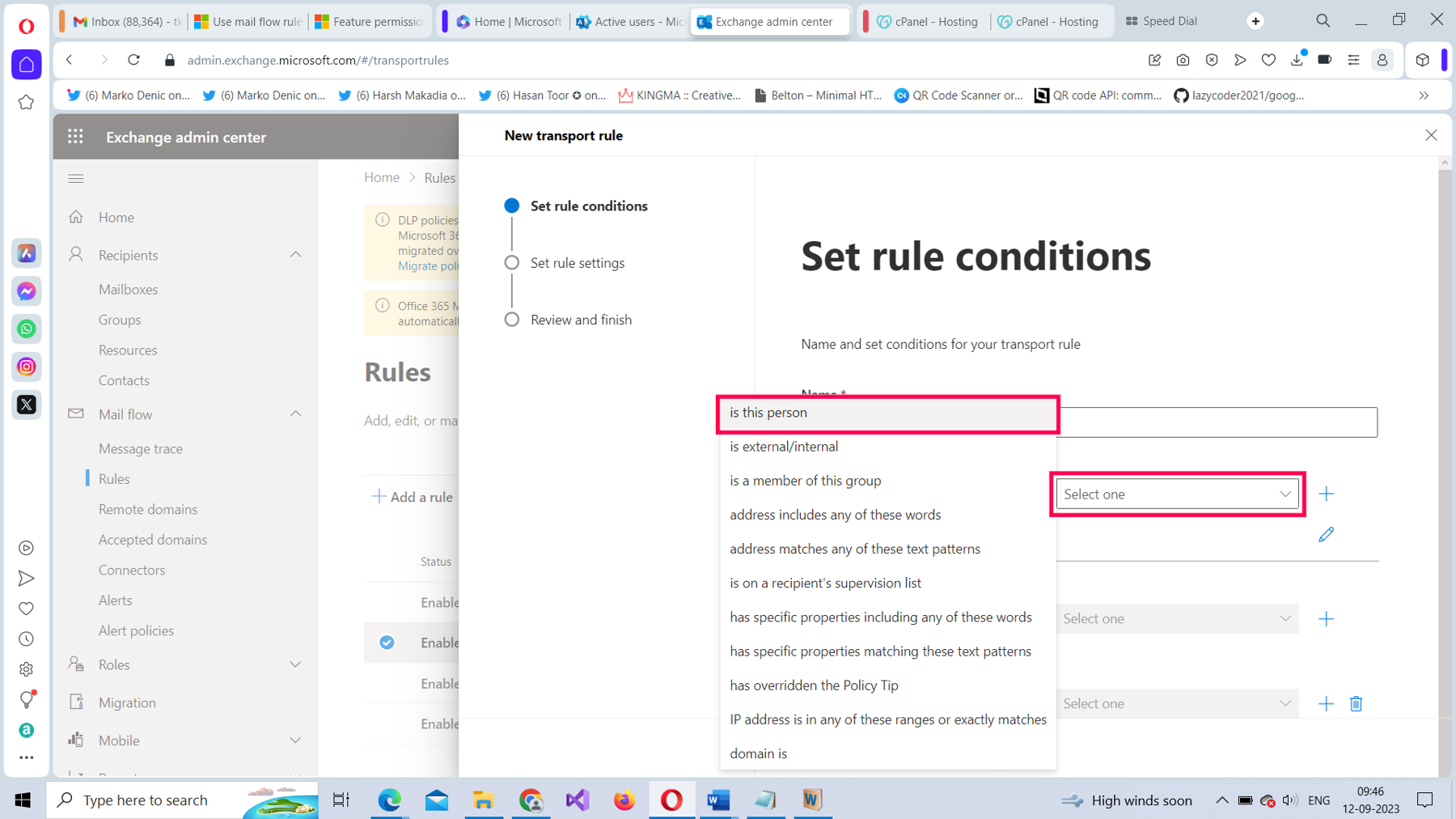 This screenshot shows how you can set the conditions for the Microsoft 365 mail flow rule in the Microsoft 365 Exchange admin center. The Is this person option is highlighted.