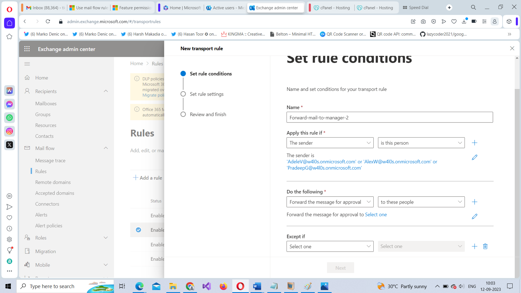 This screenshot shows how you can set the actions for the Microsoft 365 mail flow rule in the Microsoft 365 Exchange admin center. The name of the rule is Forward-mail-to-manager-2. The conditions shown include: Apply this rule if the sender is this person and Forward the message for approval to these people.