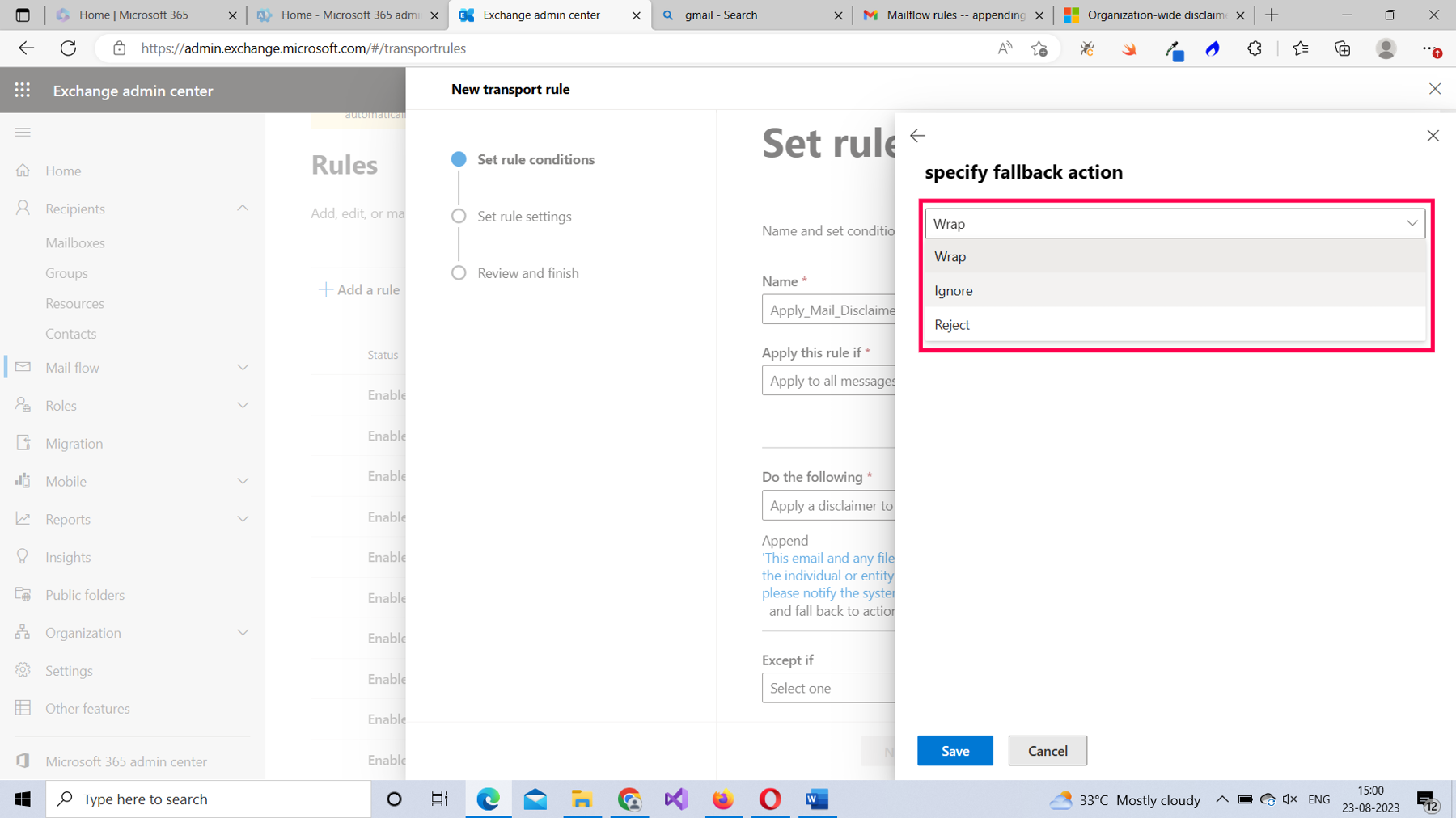 This screenshot shows how you can configure fallback options for the mail flow rule you are setting up.
