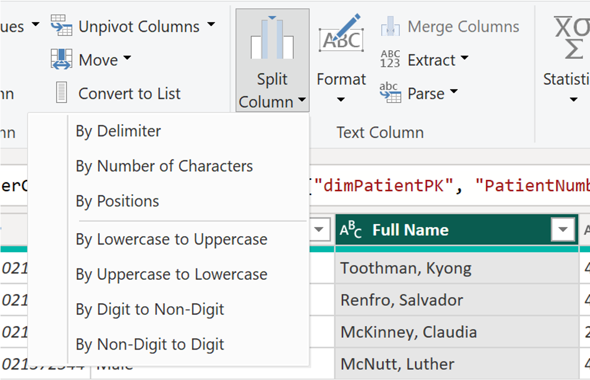 The Split Column icon is found at the top of the Power BI Power Query Editor toolbar