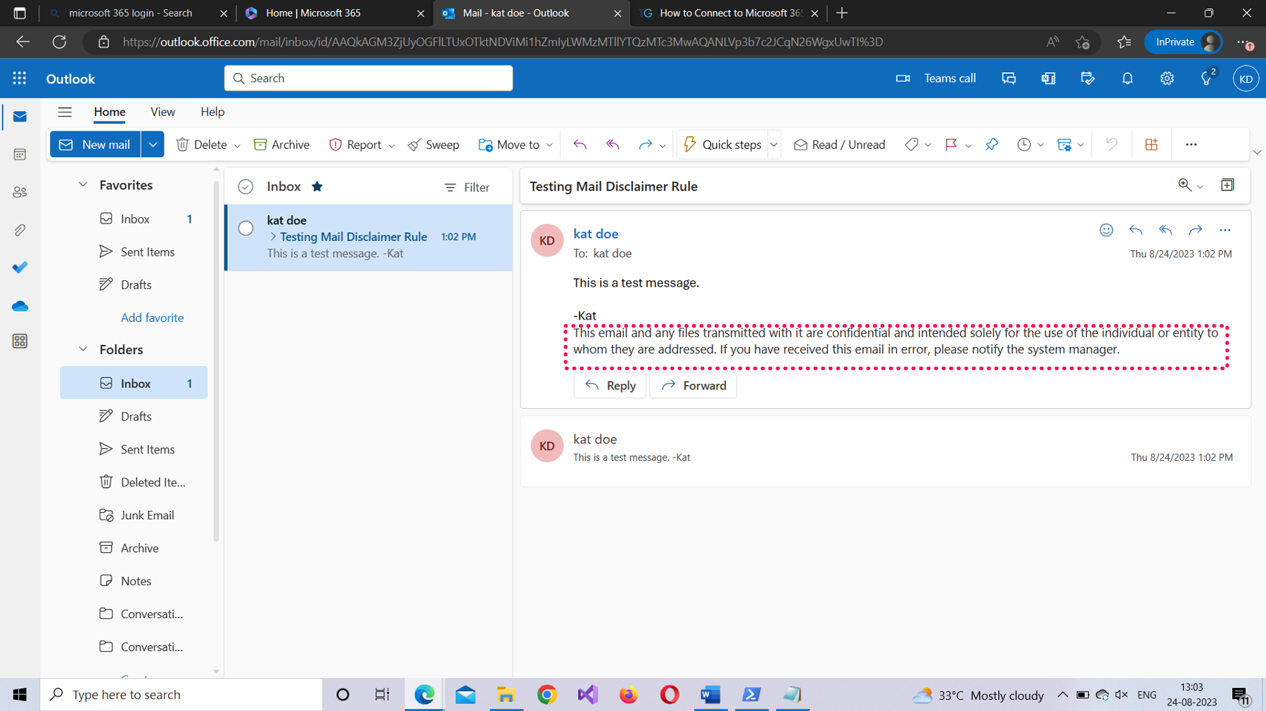 This screenshot explains how you can test the configured mail flow rule using the Microsoft 365 outlook web app.