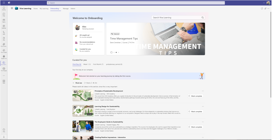 The Onboarding academy view in Viva Learning.