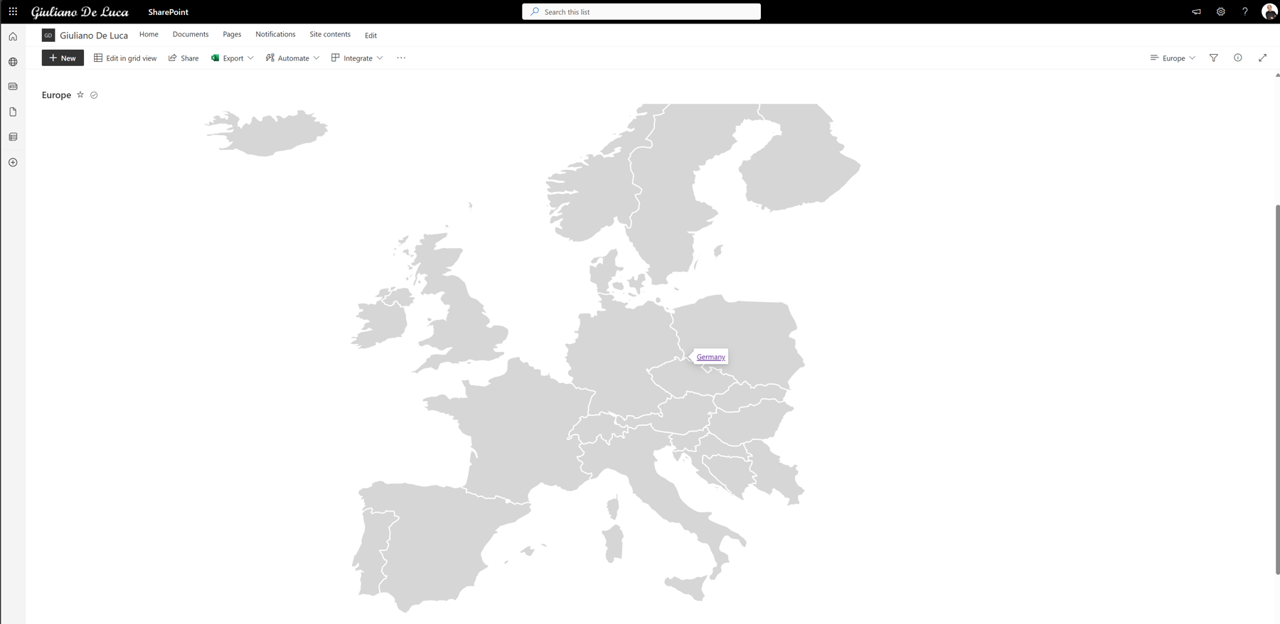 List view column formatting includes a web part with an interactive map.