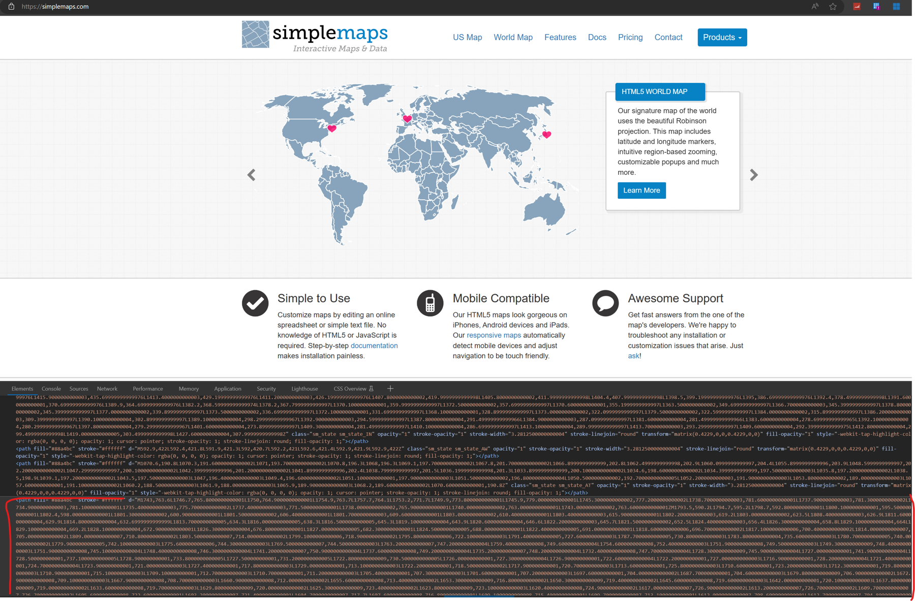 Image shows a screenshot from simplemaps.com with a map selected in the main window and the SVG details below the image.