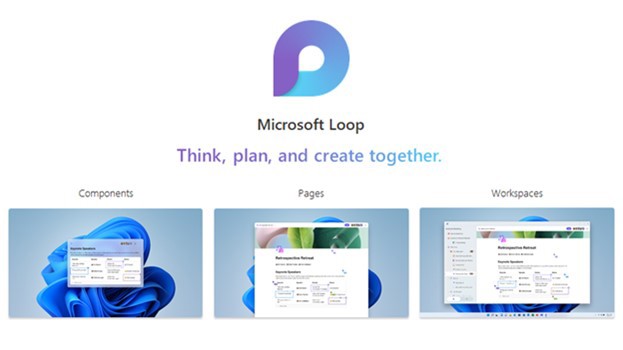 A picture with the Microsoft Loop logo in the center of the picture. Below this are three columns, the left column contains an image for Loop Components, the middle column contains an image for Loop Pages and the right column contains an image for Loop Workspaces
