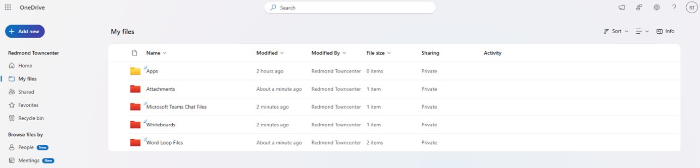 OneDrive Online can be seen in a browser window with the my files view. In the middle you can see the four folders Microsoft Teams Chat Files, Attachments, Word Loop Files and Whiteboards, among others