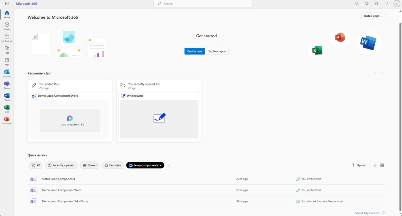 The Microsoft 365 start page in the browser after a user has logged in. The Quick Access section in the lower third shows a list of the most recently opened files from M365. In addition to other files, the overview also contains Loop Component file