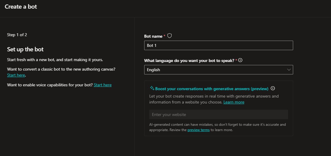 Screenshot of bot creation (step 1 of 2) in Power Virtual Agents, with fields to name the bot and select its language.