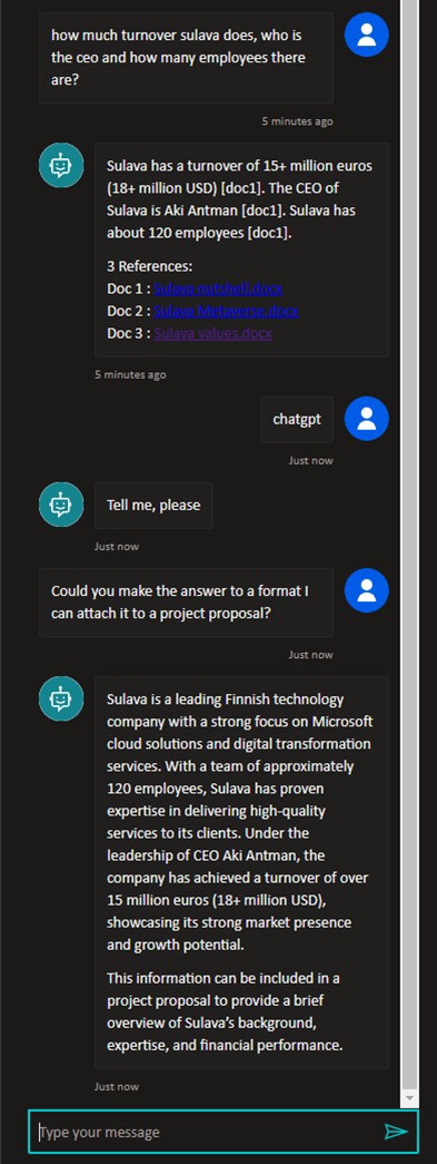 A screenshot of testing the bot in chat first using Azure Openai with your own data, then switching the AI to ChatGPT to reformat the response in more natural language. 