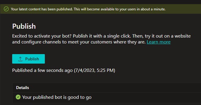 A screenshot of the publish screen where you can deploy the bot by selecting a single button.