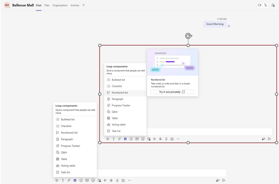 A team chat window that displays the available loop components in a pop-up. In an enlarged section of the screen is an excerpt showing that a short explanation of the component is displayed for each available loop component when hovering with the mouse 