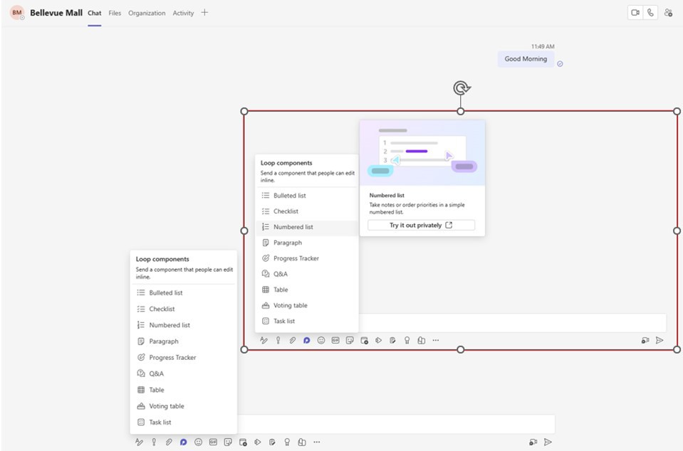 A team chat window that displays the available loop components in a pop-up. In an enlarged section of the screen is an excerpt showing that a short explanation of the component is displayed for each available loop component when hovering with the mouse