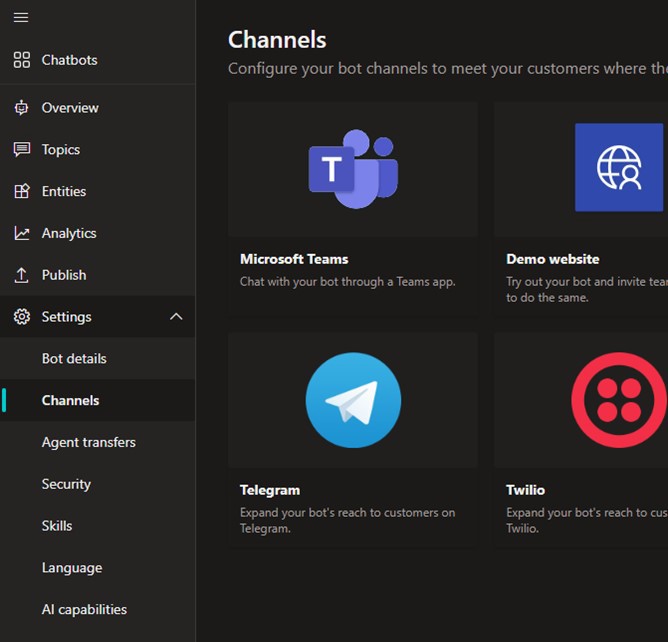 A screenshot of the Power Virtual Agents app with the Settings > Channels menu selected on the left menu pane. Available channels, including Microsoft Teams, are displayed in the main pane.