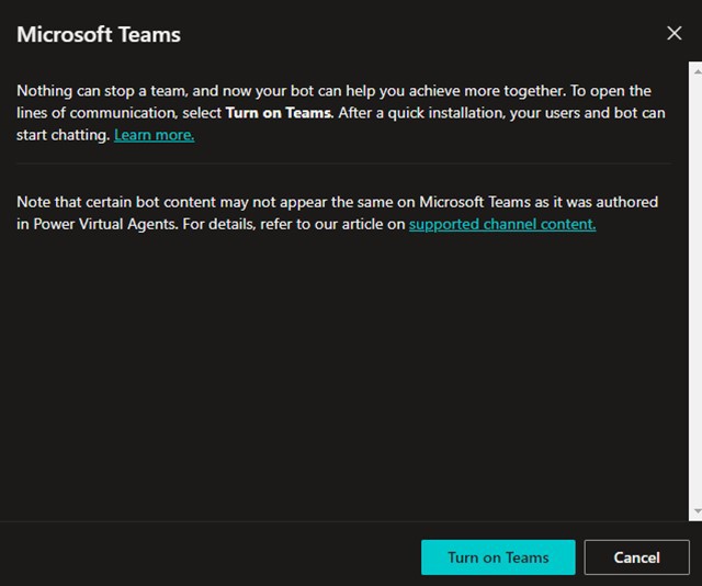 A screenshot of turning on the Teams channel in Power Virtual Agents.