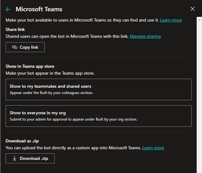 A screenshot of bot Teams deployment options: sharing a link, showing the bot in the Teams app store, or downloading the bot as a .zip.