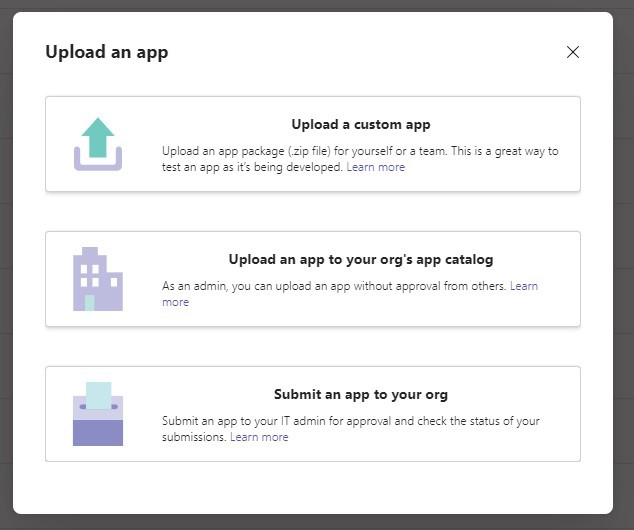 A screenshot of options for uploading a bot to Teams directly from Power Virtual Agents: uploading an app package .zip file, uloading to your org's app catalog, or submitting an app to your org.