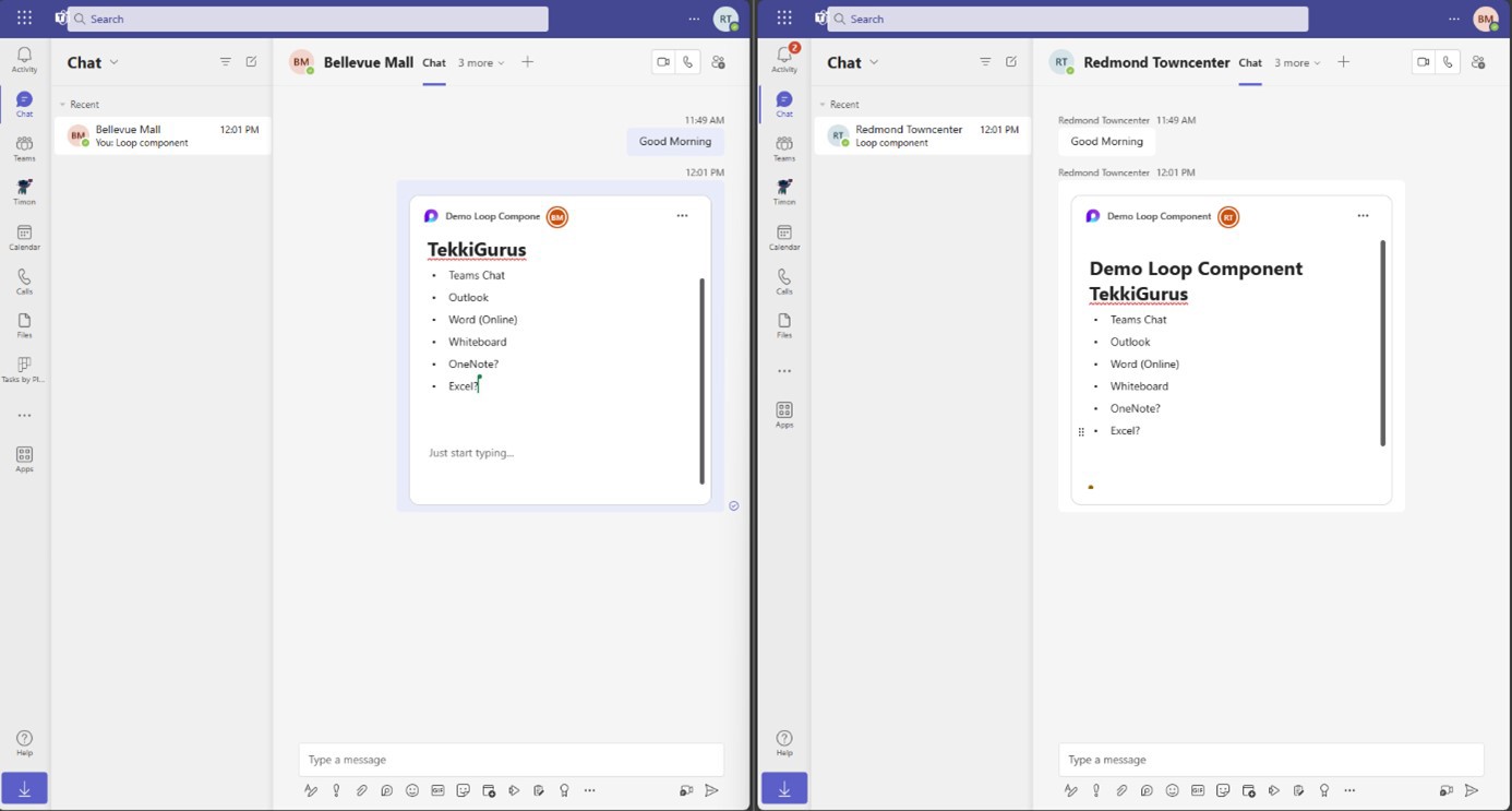 Two team chat windows side by side. On the left is the team chat window of user A, on the right the team chat window of user B. A looped bulleted list can be seen in the chat windows. In the left window, User A is editing the Loop Bulleted List; in the right window, User B can see the change instantly live 