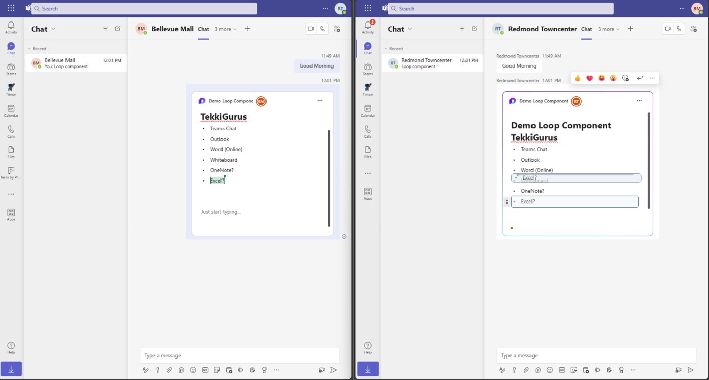 Two team chat windows next to each other. On the left the team chat window of user A, on the right the team chat window of user B, in the chat windows you can see a Loop Bulleted List. In the right-hand window, User B sorts the various items in the loop bulleted list using drag & drop. User A can see the changes live in the left-hand window