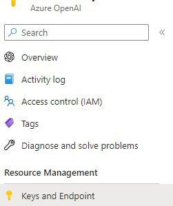 The left side menu of Azure OpenAI Service with the Keys and Endpoint option (under the Resource Management section) highlighted.