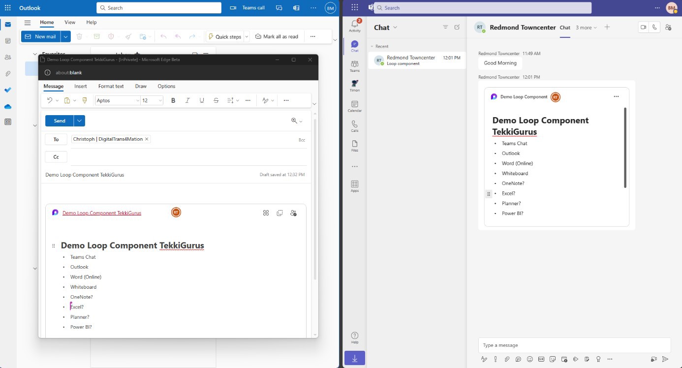 An email with an active loop component in the email body and a team chat with the active loop component next to each other. In the chat window, you can see the changes made in the email body within the loop component