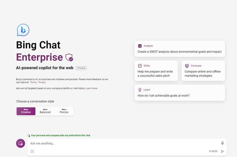 Screenshot of Bing Chat Enterprise interface where you can ask a question, choose a conversation style, set goals, and do other tasks..