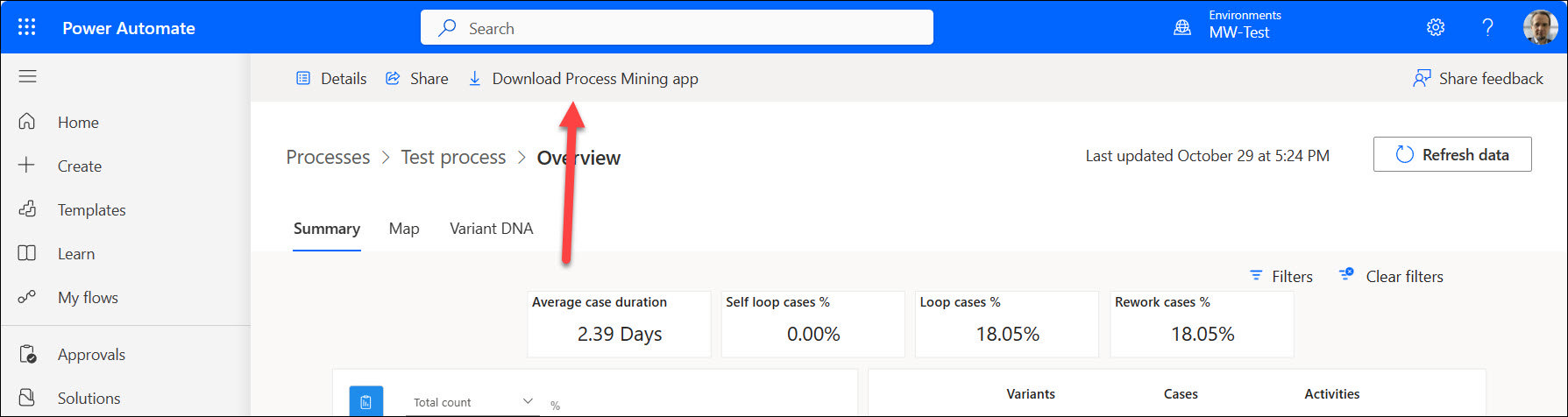 This screenshot shows how to download the Process Mining desktop application.