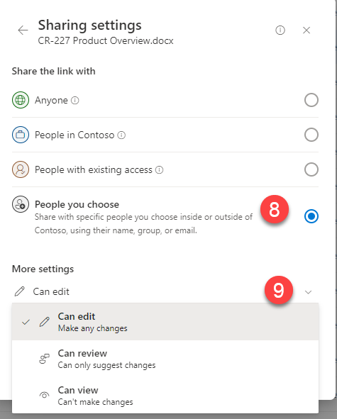 Screenshot of the Sharing Settings window with step indicators for People you chose and Can Edit. Other options are Can Review and Can View.  