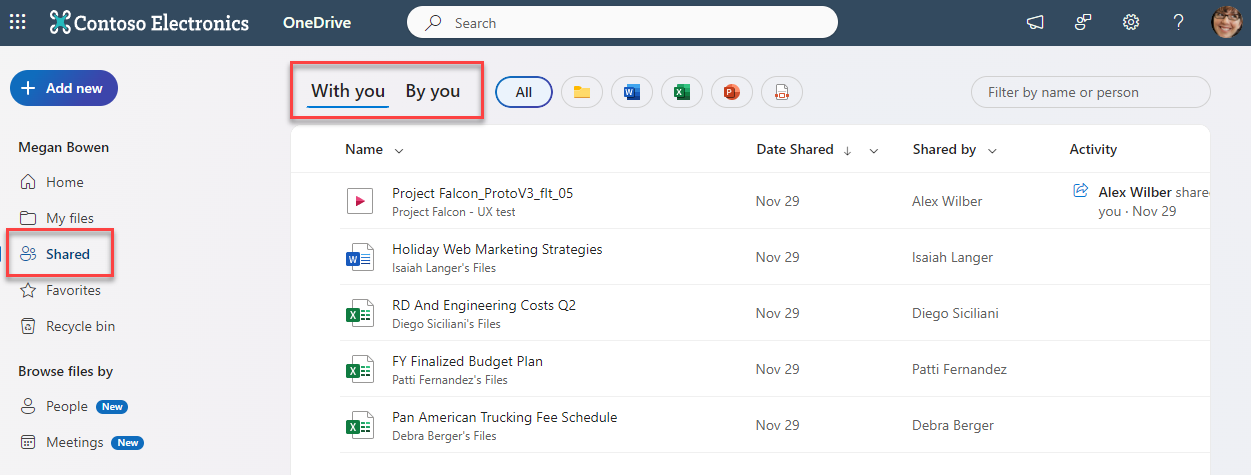 Screenshot of OneDrive with outlines on the Shared link and the With You and By You options. 