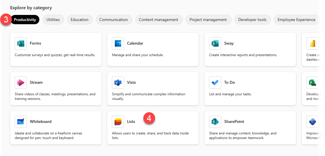 Screenshot of the “Explore by category” section of the application with step indicators for the Productivity category (3) and Lists (4). Other categories include Utilities, Education, Communication, and Content Management. Other buttons include Forms, Calendar, Visio, Stream, and Whiteboard.  