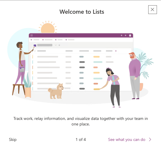Screenshot of the Welcome to Lists pop-up window showing cartoon people pointing to colors and shapes on a blurred mock-up screenshot of a list.  